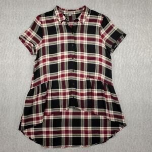 Peace & Pearls Shirt Dress Sz M Black Red Plaid Hi-Lo Cottagecore Western